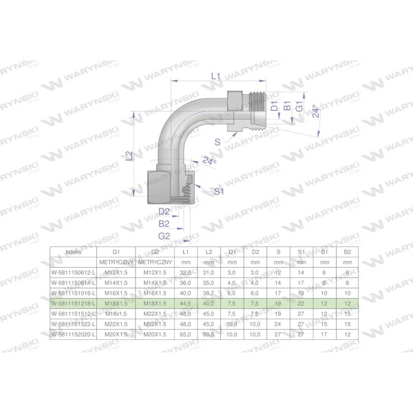 Kolanko hydrauliczne metryczne łukowe 5811151218-L | Exvi