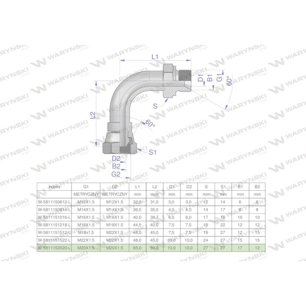 Kolanko hydrauliczne metryczne łukowe 5811152020-L | Exvi