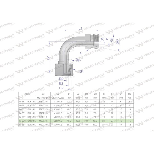 Kolanko hydrauliczne metryczne łukowe 5811151522-L | Exvi