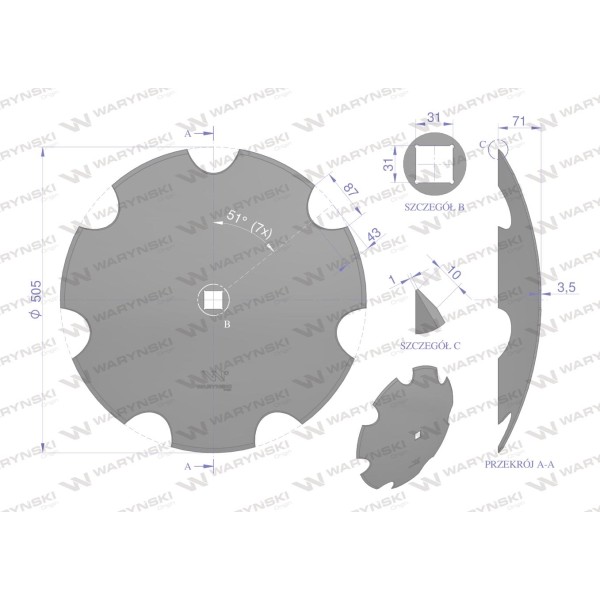 Talerz uzębiony Z-7 fi 510 otwór 30x30 stal 75103035 | Exvi