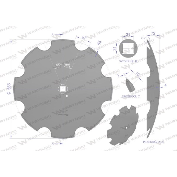 Talerz uzębiony Z-8 fi 560 otwór 30x30 stal 75603040 | Exvi