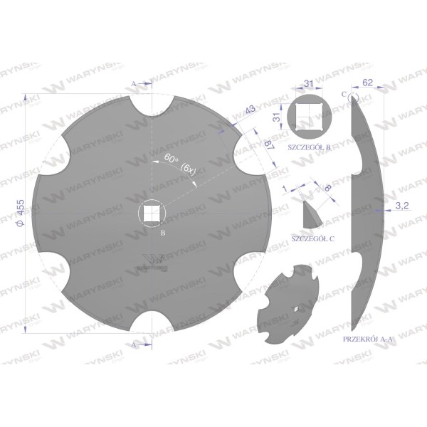 Talerz uzębiony Z-6 fi 460 otwór 30x30 stal 74603032 | Exvi