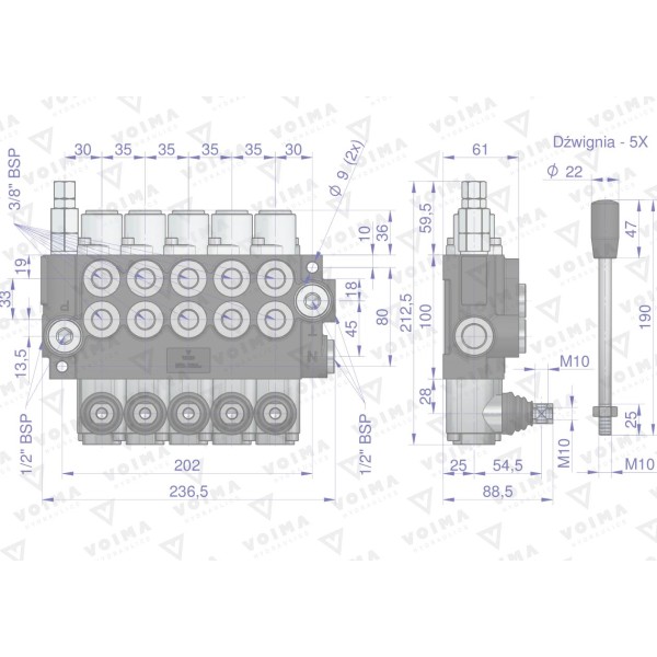 Rozdzielacz hydrauliczny 5-sekcyjny 40L V-R40L-5 | Exvi