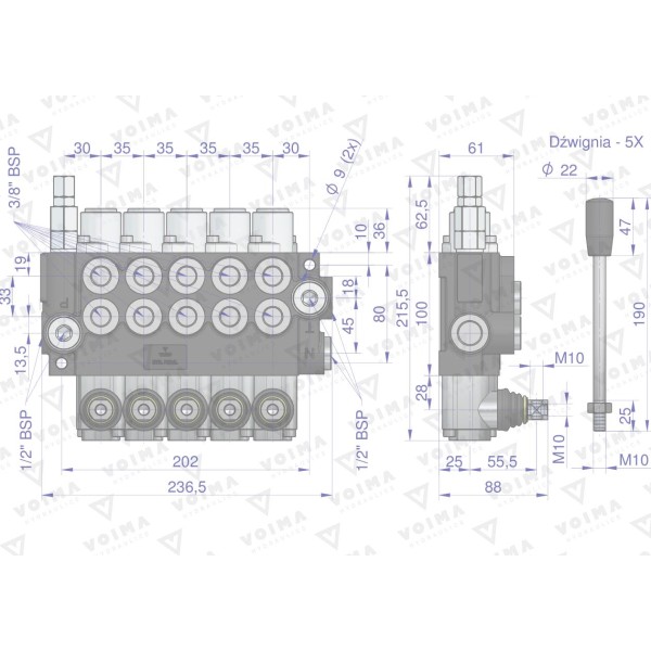 Rozdzielacz hydrauliczny 5-sekcyjny 40L V-R40L-5Z | Exvi