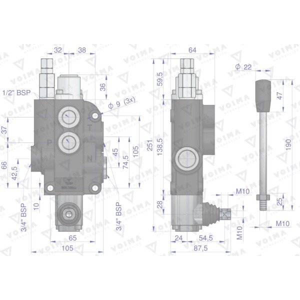 Rozdzielacz hydrauliczny 1-sekcyjny 80L V-R80L-1 | Exvi