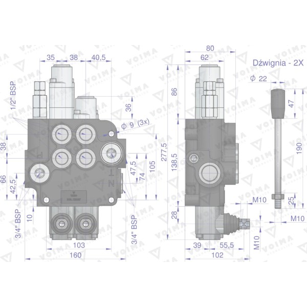 Rozdzielacz hydrauliczny 2-sekcyjny 80L V-R80L-2X1P | Exvi