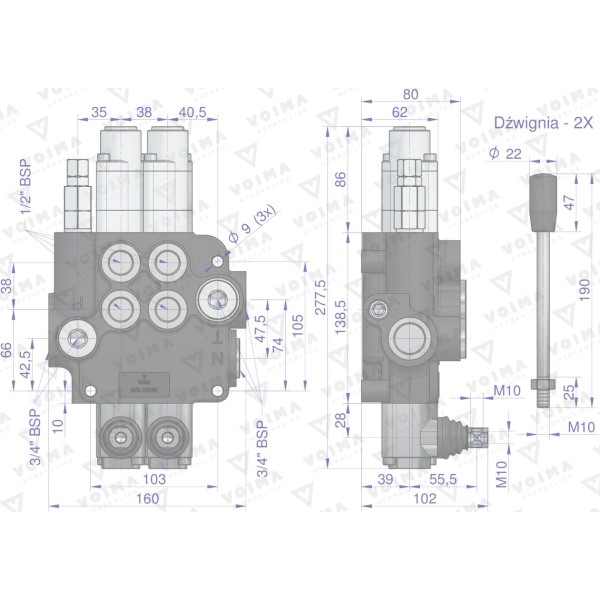 Rozdzielacz hydrauliczny 2-sekcyjny 80L V-R80L-2X2P | Exvi