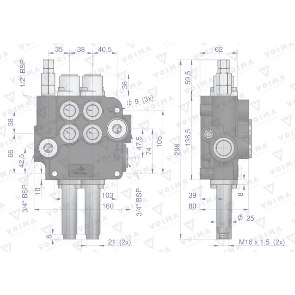 Rozdzielacz hydrauliczny 2-sekcyjny 80L V-R80L-2L | Exvi