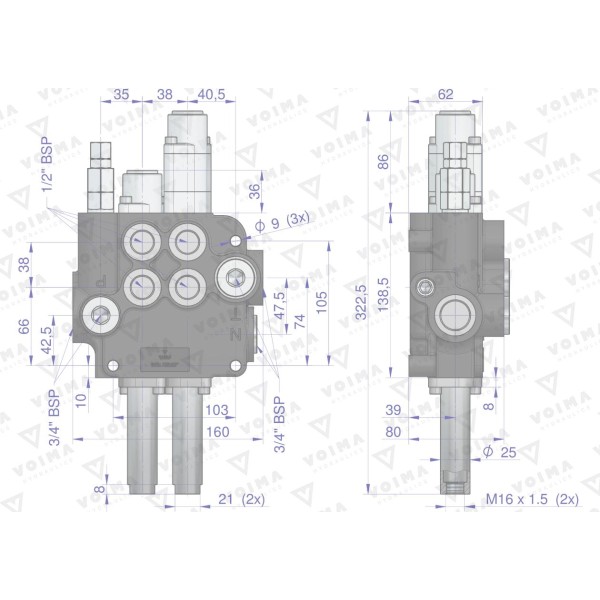 Rozdzielacz hydrauliczny 2-sekcyjny 80L V-R80L-2LX1P | Exvi