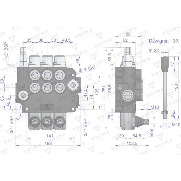 Rozdzielacz hydrauliczny 3-sekcyjny 80L V-R80L-3 | Exvi