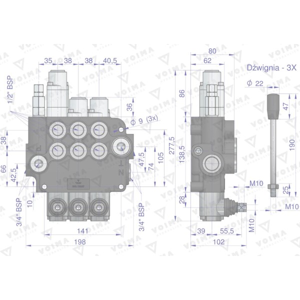 Rozdzielacz hydrauliczny 3-sekcyjny 80L V-R80L-3X1P | Exvi