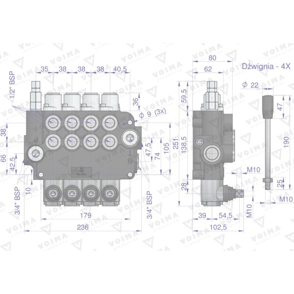 Rozdzielacz hydrauliczny 4-sekcyjny 80L V-R80L-4 | Exvi