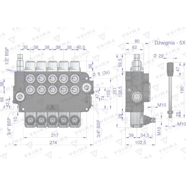 Rozdzielacz hydrauliczny 5-sekcyjny 80L V-R80L-5 | Exvi