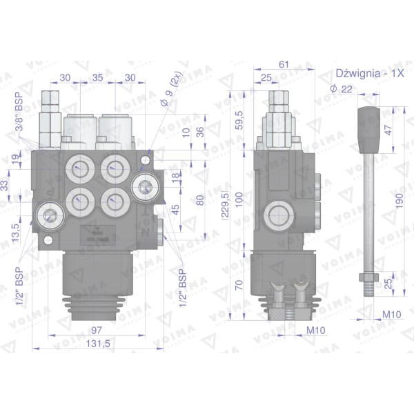 Rozdzielacz hydrauliczny 2-sekcyjny 40L V-R40L-2-1D | Exvi