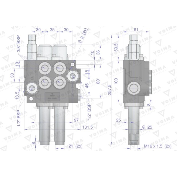 Rozdzielacz hydrauliczny 2-sekcyjny 40L V-R40L-2L | Exvi