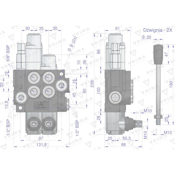 Rozdzielacz hydrauliczny 2-sekcyjny 40L V-R40L-2X1P | Exvi