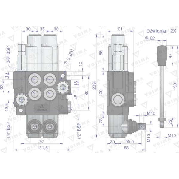 Rozdzielacz hydrauliczny 2-sekcyjny 40L V-R40L-2X2P | Exvi