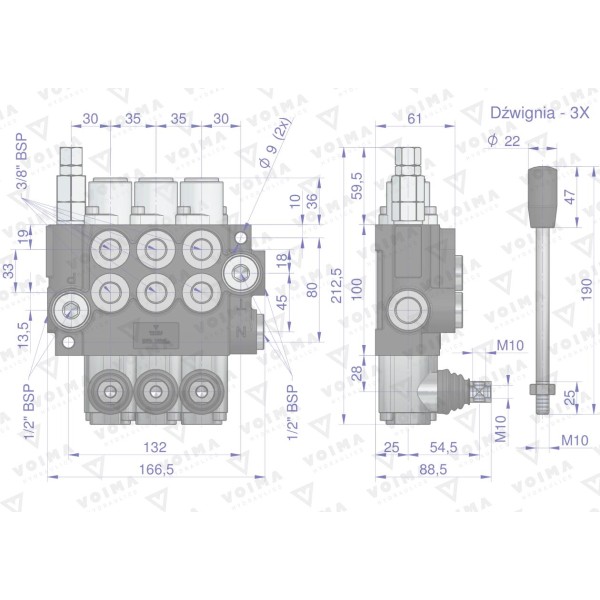 Rozdzielacz hydrauliczny 3-sekcyjny 40L V-R40L-3 | Exvi