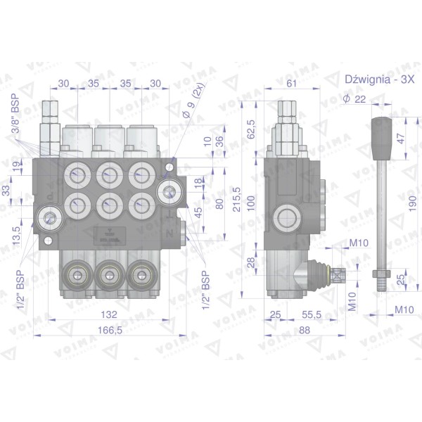 Rozdzielacz hydrauliczny 3-sekcyjny 40L V-R40L-3Z | Exvi
