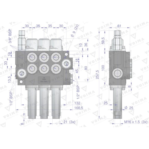 Rozdzielacz hydrauliczny 3-sekcyjny 40L V-R40L-3L | Exvi