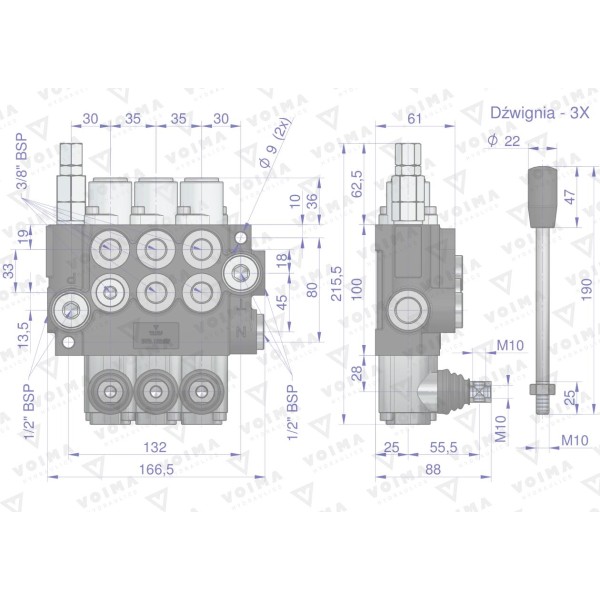 Rozdzielacz hydrauliczny 3-sekcyjny 40L V-R40L-3X1N | Exvi