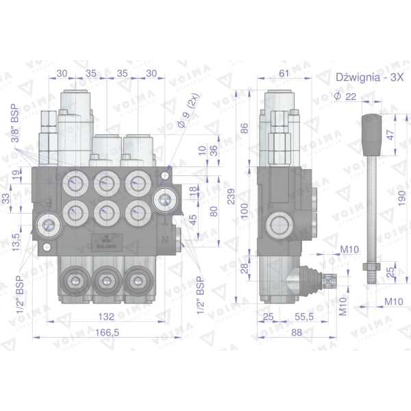 Rozdzielacz hydrauliczny 3-sekcyjny 40L V-R40L-3X1P | Exvi