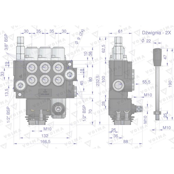 Rozdzielacz hydrauliczny 3-sekcyjny 40L V-R40L-3-2D | Exvi