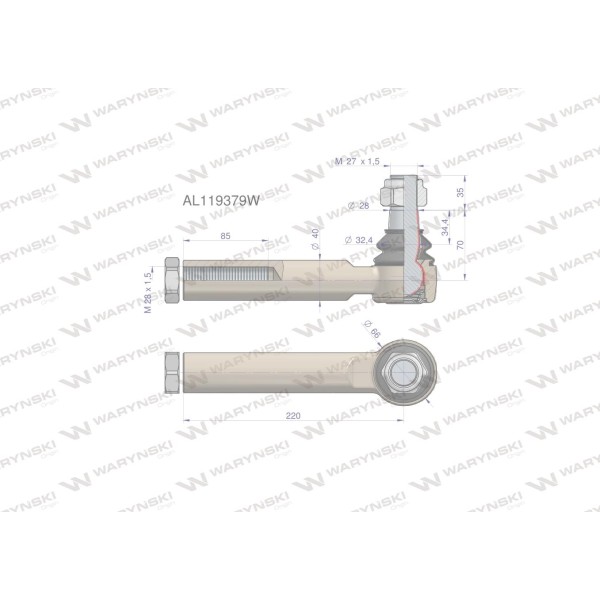 Przegub kierowniczy 220mm- M28x1,5 AL119379W | Exvi