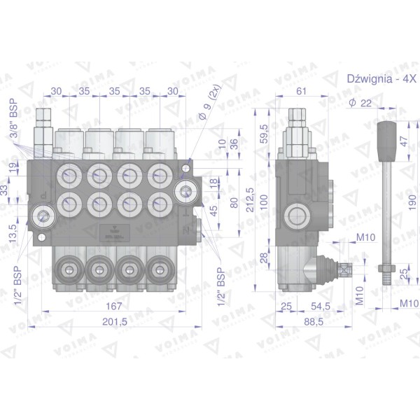 Rozdzielacz hydrauliczny 4-sekcyjny 40L V-R40L-4 | Exvi