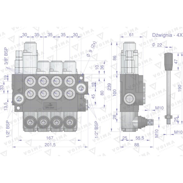Rozdzielacz hydrauliczny 4-sekcyjny 40L V-R40L-4X1P | Exvi