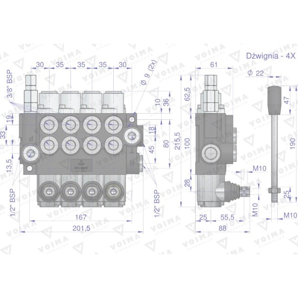 Rozdzielacz hydrauliczny 4-sekcyjny 40L V-R40L-4X1Z | Exvi