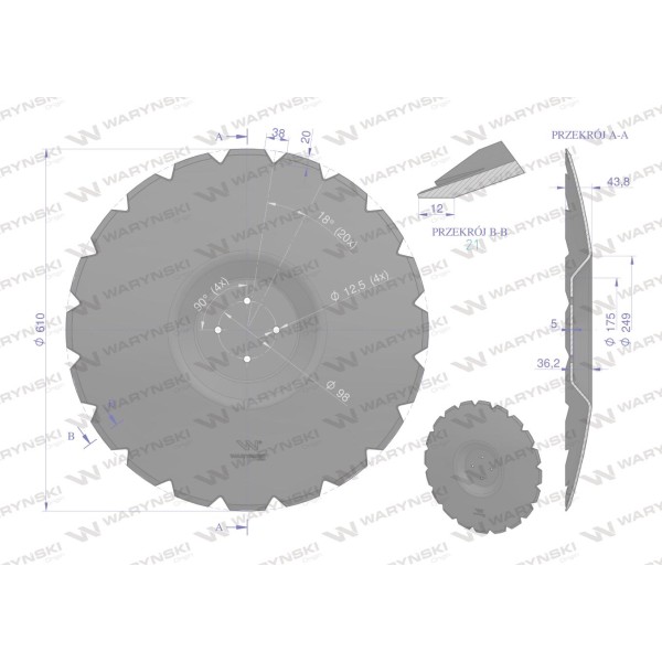 Talerz uzębiony Z-20 fi 610 mocowanie 4/98 26102250 | Exvi