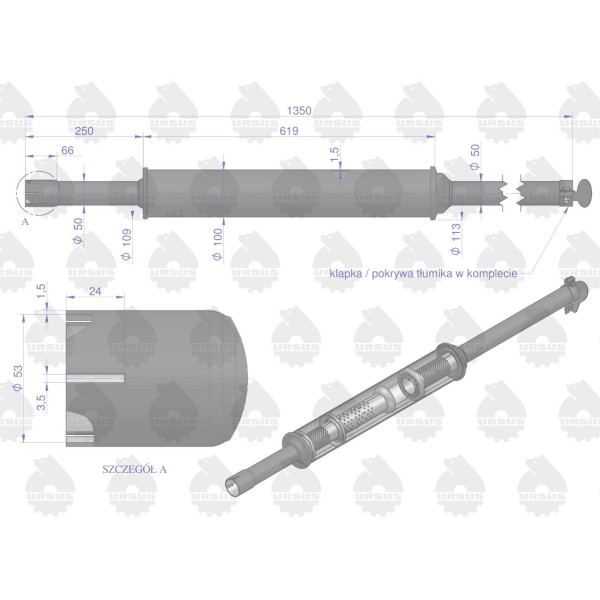 Tłumik 1350mm 5.8kg MF3 (prosty) ORYGINAŁ 3029050PU | Exvi