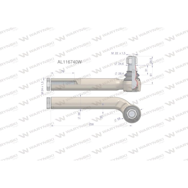 Przegub kierowniczy lewy 258mm- 24x1,5 AL116740W | Exvi