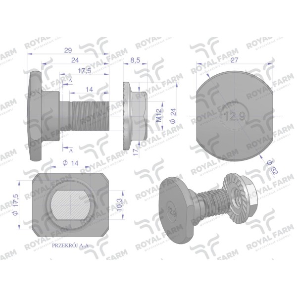 Śruba nożyka kpl. M12x29 zastosowanie RF-1432290 | Exvi