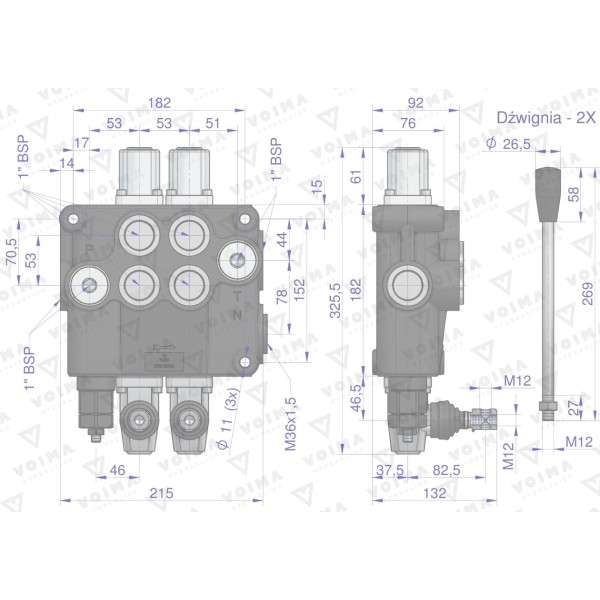 Rozdzielacz hydrauliczny 2-sekcyjny 120L V-R120L-2 | Exvi