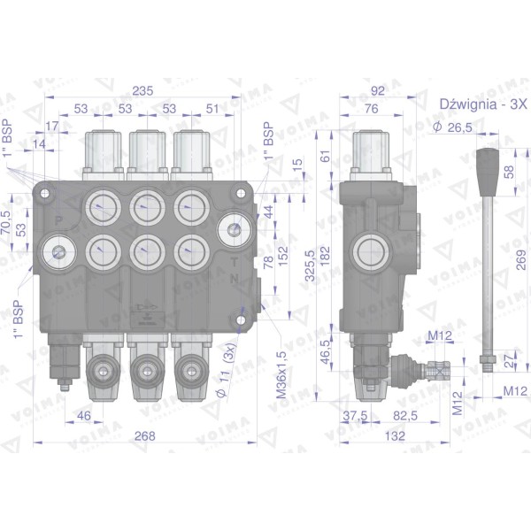 Rozdzielacz hydrauliczny 3-sekcyjny 120L V-R120L-3 | Exvi