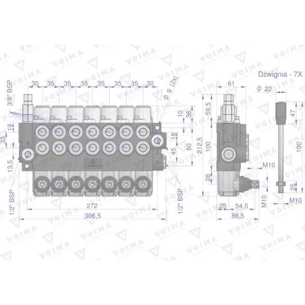 Rozdzielacz hydrauliczny 7-sekcyjny 40L V-R40L-7 | Exvi