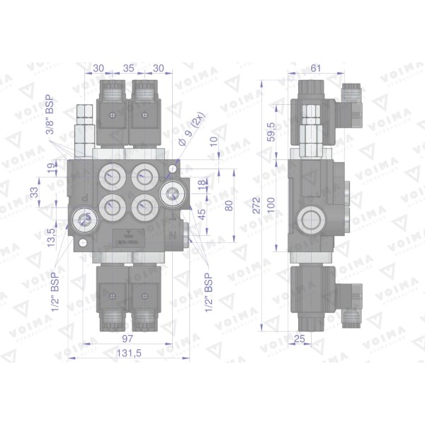Rozdzielacz hydrauliczny 2-sekcyjny V-R40L-2E | Exvi