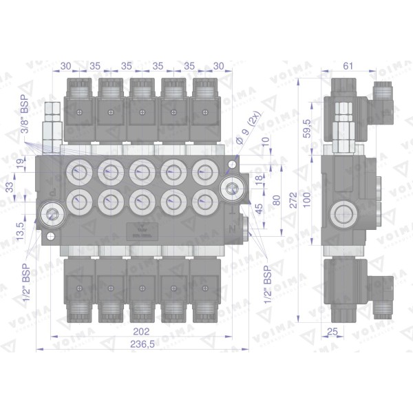 Rozdzielacz hydrauliczny 5-sekcyjny V-R40L-5E | Exvi