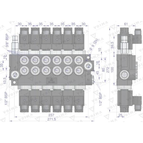 Rozdzielacz hydrauliczny 6-sekcyjny V-R40L-6E | Exvi