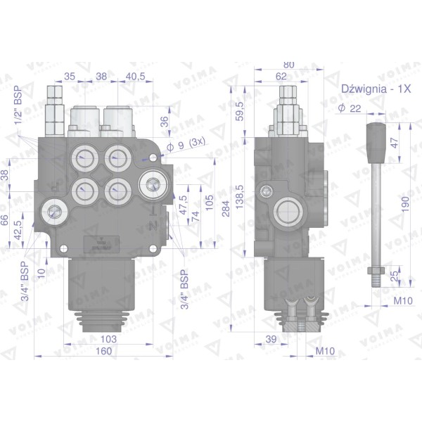 Rozdzielacz hydrauliczny 2-sekcyjny 80L V-R80L-2-1D | Exvi