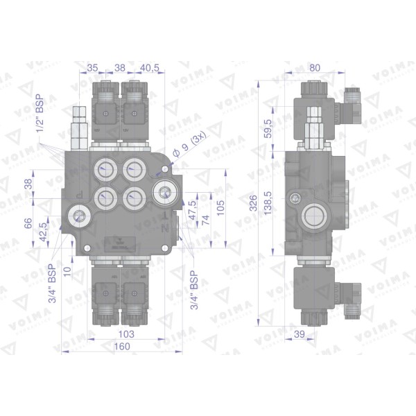 Rozdzielacz hydrauliczny 2-sekcyjny V-R80L-2E | Exvi
