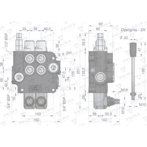 Rozdzielacz hydrauliczny 2-sekcyjny 80L V-R80L-2Z | Exvi