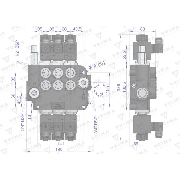 Rozdzielacz hydrauliczny 3-sekcyjny V-R80L-3E | Exvi