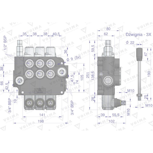 Rozdzielacz hydrauliczny 3-sekcyjny 80L V-R80L-3Z | Exvi