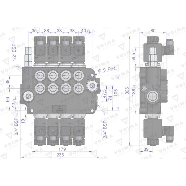 Rozdzielacz hydrauliczny 4-sekcyjny V-R80L-4E | Exvi