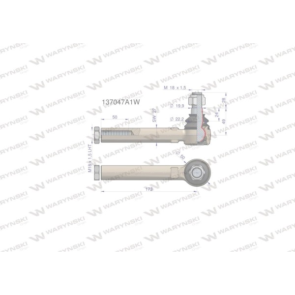 Przegub kierowniczy 173mm- M18x1,5L 137047A1W | Exvi