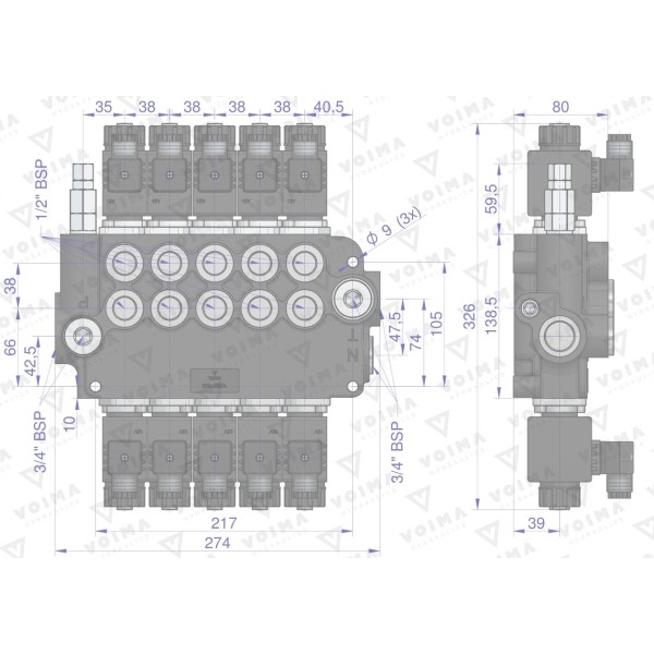 Rozdzielacz hydrauliczny 5-sekcyjny V-R80L-5E | Exvi