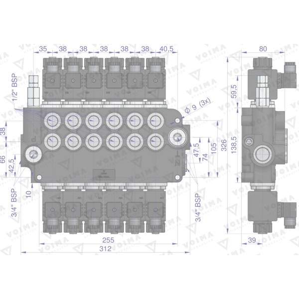 Rozdzielacz hydrauliczny 6-sekcyjny V-R80L-6E | Exvi
